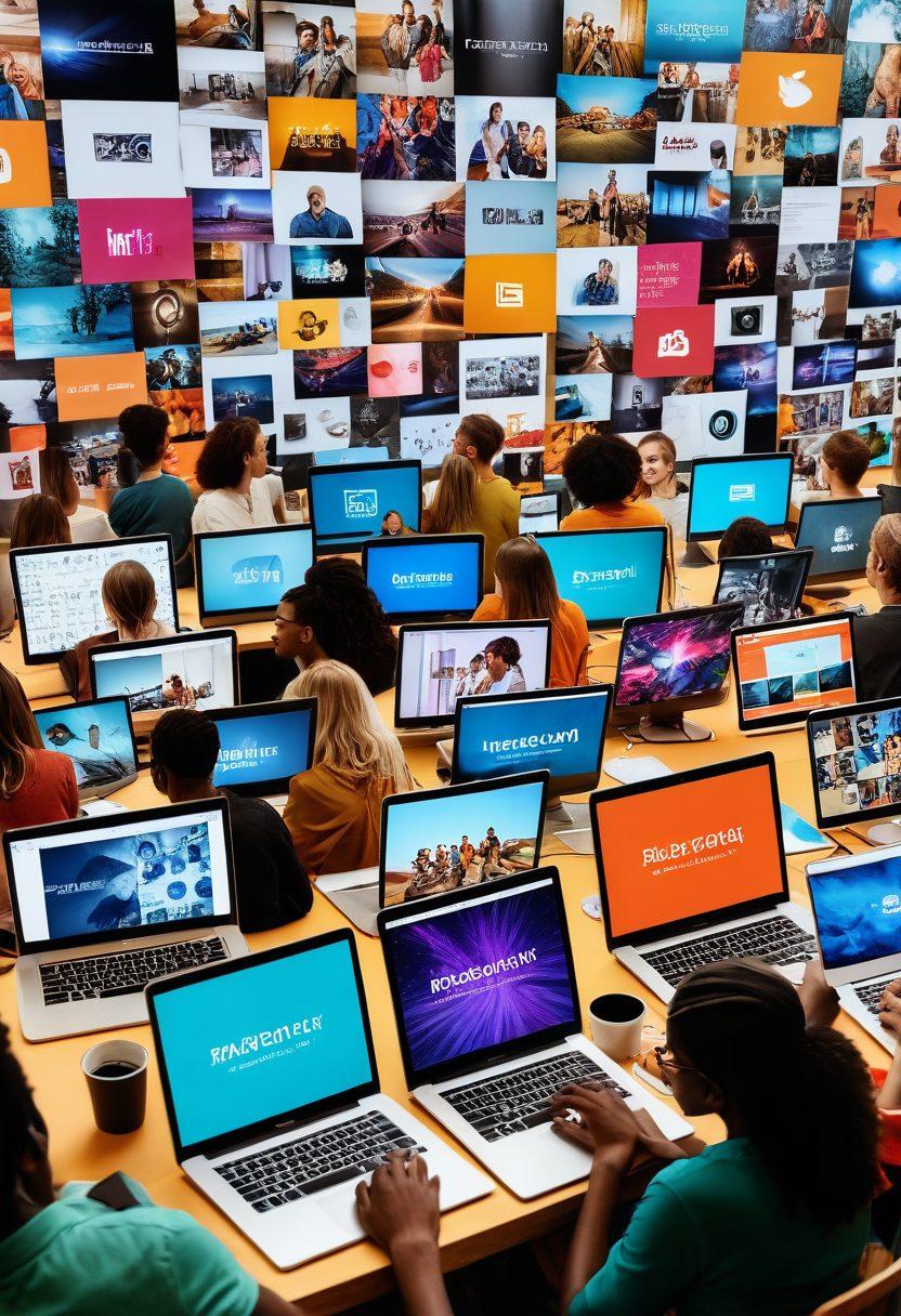 A dynamic collage depicting a vibrant community engaged with various forms of content creation, including video editing, graphic design, and writing, set against an inviting digital backdrop. Showcase diverse individuals collaborating around laptops, with colorful social media icons and blog elements like comments and shares flowing around them. Integrate warm tones to foster a sense of belonging and creativity. Detailed and interactive elements should invite viewers to immerse themselves in the community spirit. super-realistic. vibrant colors. digital art.