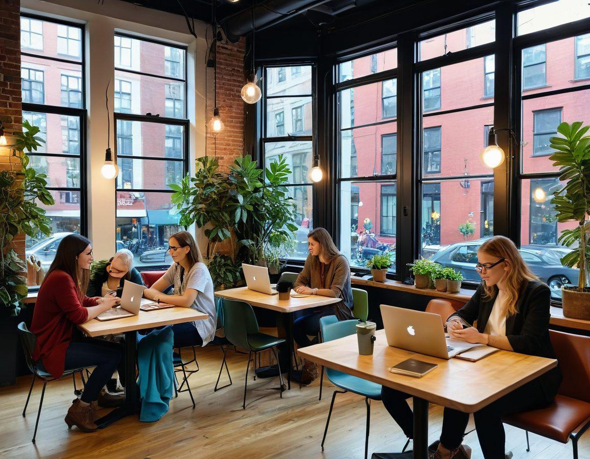 A warm, inviting scene showing a diverse group of bloggers in a cozy coffee shop, animatedly discussing ideas with laptops and notebooks scattered on the table. Bright colors to evoke a sense of community, with plants and warm lighting enhancing the atmosphere. Visual elements like speech bubbles illustrating sharing ideas, and vibrant decor suggesting creativity. The background hints at a lively urban setting, symbolizing connection. super-realistic. vibrant colors. cozy atmosphere.