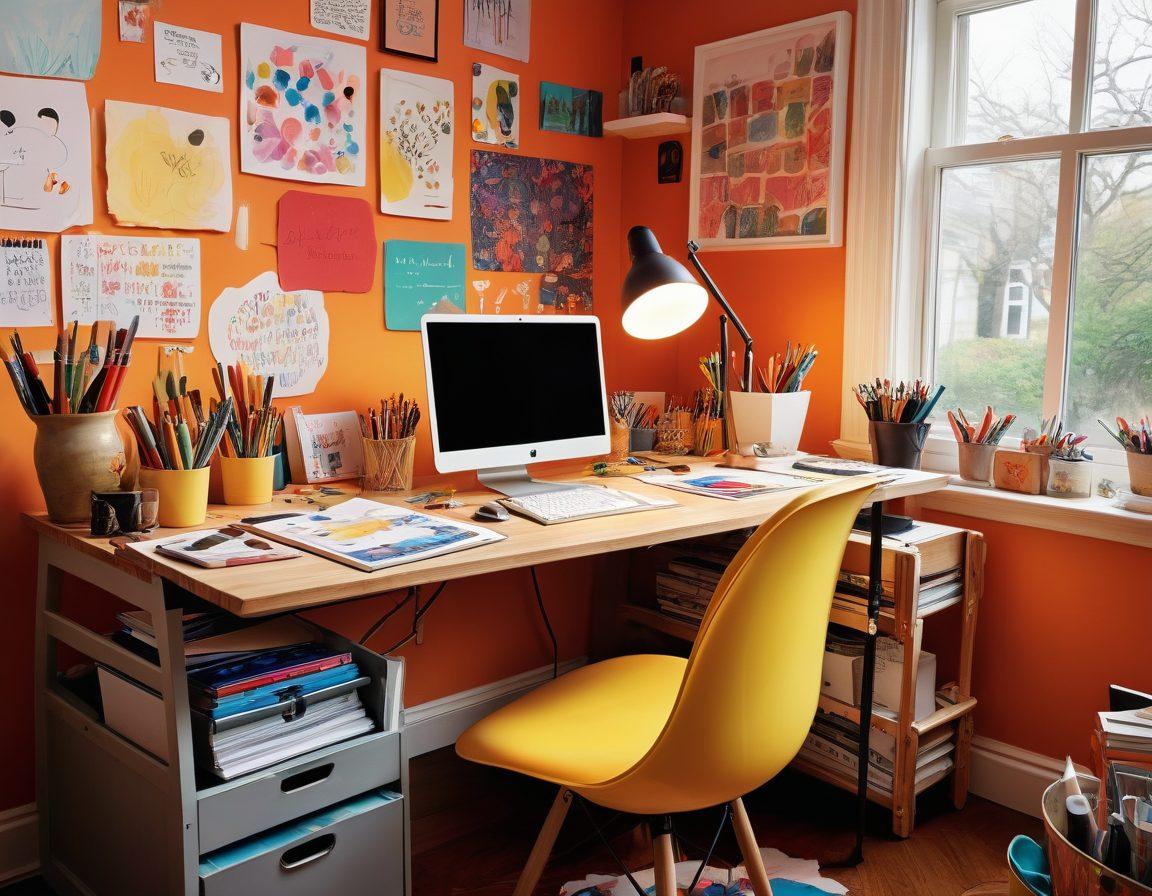 A vibrant workspace showcasing an artist at a desk filled with colorful tools, surrounded by creative notes and a laptop displaying a blog. Include a whimsical background with connecting lines representing an online community and floating speech bubbles with diverse ideas. Emphasize warmth and inspiration in the color palette. super-realistic. vibrant colors. warm tones.